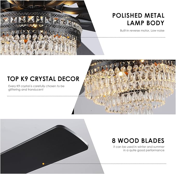 Asyko 72" Crystal Ceiling Fan Fandelier with Lights - Modern Crystal Chandelier Fans with Remote Control,Noiseless DC Motor, Retro/Farmhouse Lighting, Dining Room,Living Room