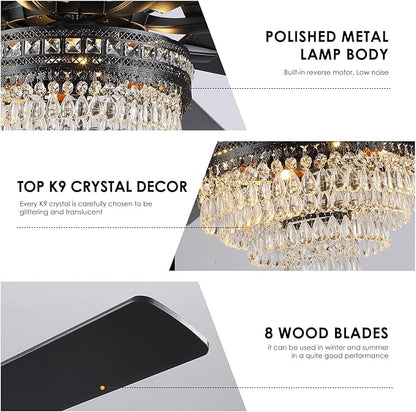 Asyko 72" Crystal Ceiling Fan Fandelier with Lights - Modern Crystal Chandelier Fans with Remote Control,Noiseless DC Motor, Retro/Farmhouse Lighting, Dining Room,Living Room