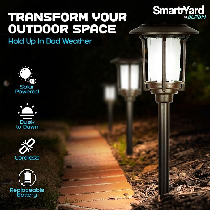 Solar Pathway Lights Outdoor - Pack of 6, 6 Lumens Warm White LED, Bronze Aluminum & Stainless Steel Weather-Resistant Outdoor Solar Lights for Yard, Garden, Walkway Lighting - Easy Stake Installation