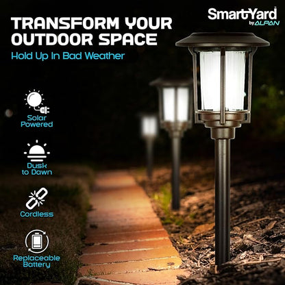 Solar Pathway Lights Outdoor - Pack of 6, 6 Lumens Warm White LED, Bronze Aluminum & Stainless Steel Weather-Resistant Outdoor Solar Lights for Yard, Garden, Walkway Lighting - Easy Stake Installation