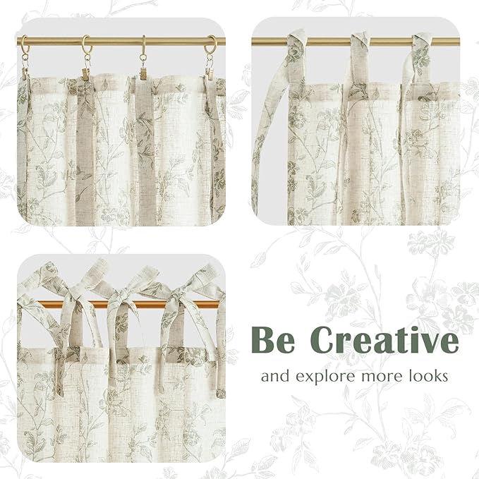 jinchan Floral Kitchen Curtains 36 Inch Linen Tier Curtains Farmhouse Cafe Half Window Drapes Over Sink Light Filtering Black on Beige for Living Room Laundry Tie Top 2 Panels
