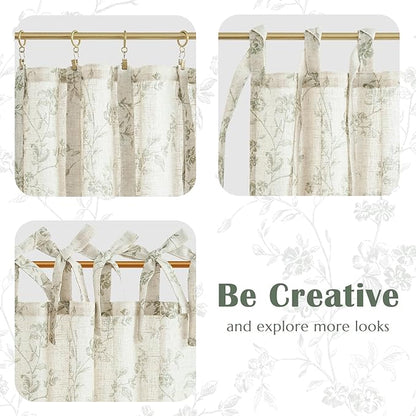 jinchan Floral Kitchen Curtains 36 Inch Linen Tier Curtains Farmhouse Cafe Half Window Drapes Over Sink Light Filtering Black on Beige for Living Room Laundry Tie Top 2 Panels