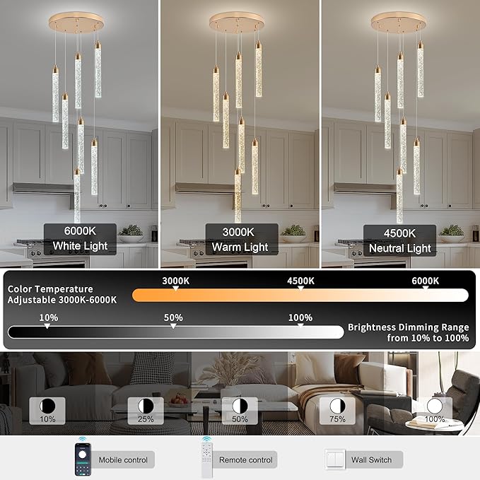 Crystal Staircase Chandelier, Modern Gold Spiral Dimmable LED Cluster Raindrop Foyer Chandelier Lighting, Bubble Living Room Hanging Light Fixture 7 Light Remote Control