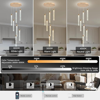 Crystal Staircase Chandelier, Modern Gold Spiral Dimmable LED Cluster Raindrop Foyer Chandelier Lighting, Bubble Living Room Hanging Light Fixture 7 Light Remote Control