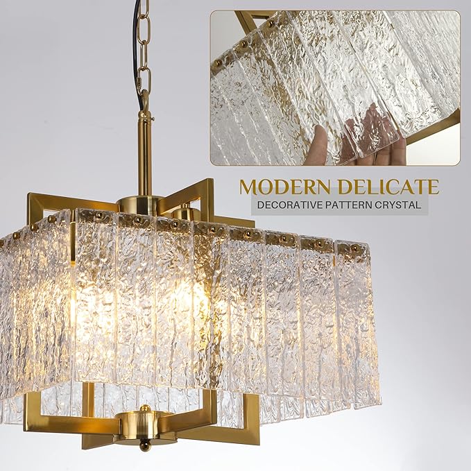 Modern Crystal Chandelier,16" Gold Chandeliers for Dining Room with Water Ripple Glass, Adjustable Height, 4-Light Square Pendant Light Fixture for Kitchen Island Entryway Foyer Hallway