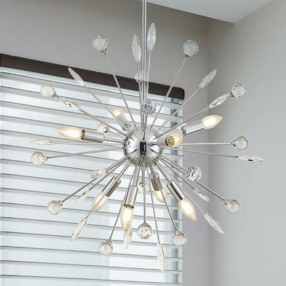 27.3" 8-Light Silver Sputnik Chandelier Modern Industrial Adjustable Firework Globe Ceiling Fixture for Living Room, Entryway, Dining, Bedroom, Hallway, Stairway
