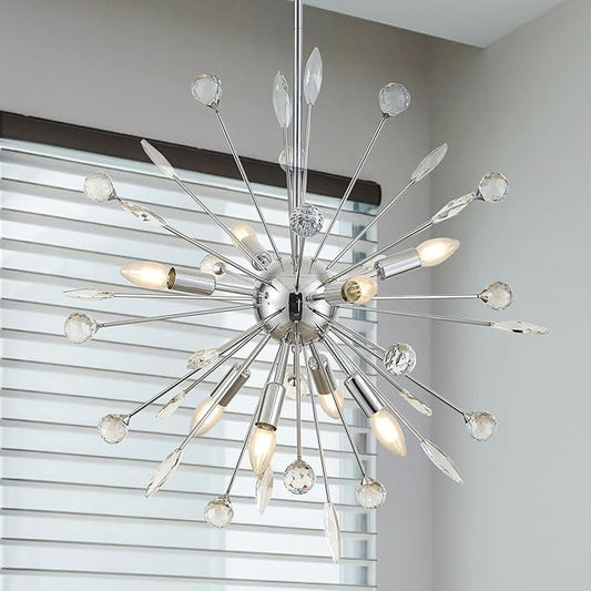 27.3" 8-Light Silver Sputnik Chandelier Modern Industrial Adjustable Firework Globe Ceiling Fixture for Living Room, Entryway, Dining, Bedroom, Hallway, Stairway