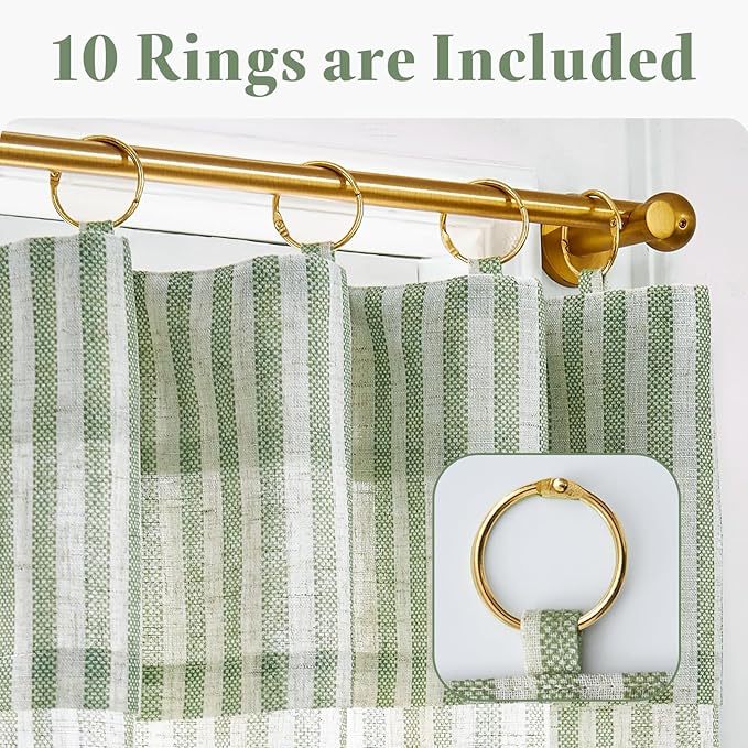 jinchan Striped Linen Kitchen Curtains with Attached Valance 24 Inch Length Cafe Tier Curtains for Living Room Rustic Half Window Light Filtering Rod Pocket Small Drapes 2 Panels Green