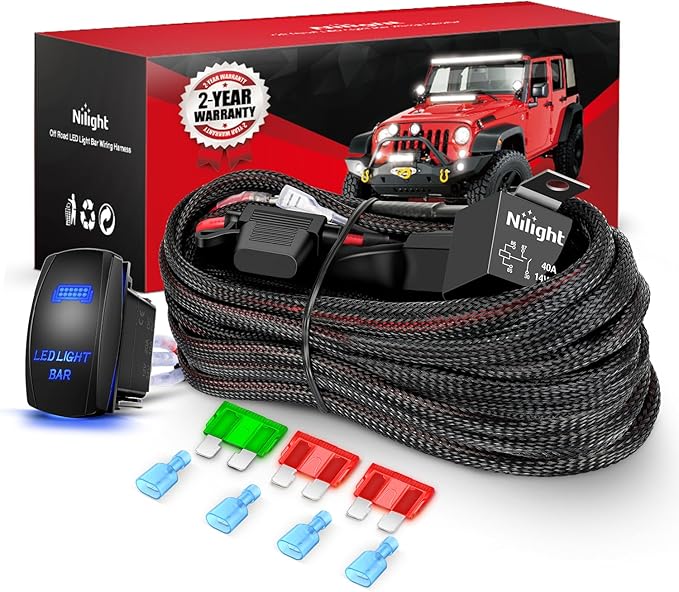 Nilight Wiring Harness Kit Nylon 12 AWG 2 Leads 12V 5Pin Rocker Switch Laser On Off Power Relay Blade Fuse for LED Light Bar Off Road Lights on Cars Jeep Boat Trucks