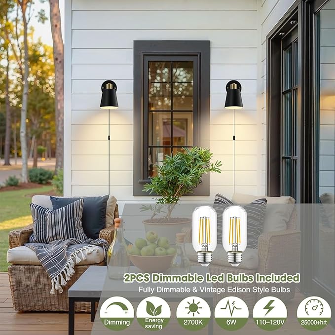 Lomoky Plug in Wall Sconces Set of 2, Dimmable Wall Lights with Plug in Cord and Dimmer On/Off Knob Switch, Adjustable Angle Black Wall Mounted Lamp for Bedside Bedroom Living Room (2 Bulbs Included)