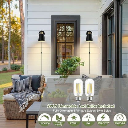 Lomoky Plug in Wall Sconces Set of 2, Dimmable Wall Lights with Plug in Cord and Dimmer On/Off Knob Switch, Adjustable Angle Black Wall Mounted Lamp for Bedside Bedroom Living Room (2 Bulbs Included)