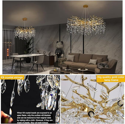 Crystal Tree Branches Chandeliers Round Raindrop Pendant Light Fixture 15 Lights for Dining Room Bedroom Living Room Entryway 39.5" Gold