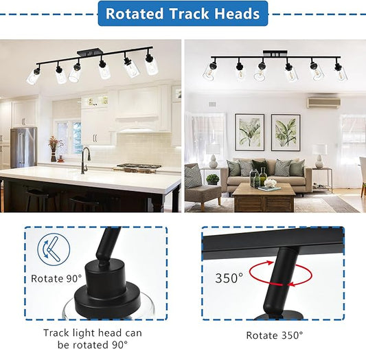 MELUCEE Ceiling Track Lighting Kits 6 Light Bathroom Light Fixtures Wall Mount with Flexibly Rotatable Light Head, Modern Black Spotlights with Clear Glass Shade, 45.3 Inch