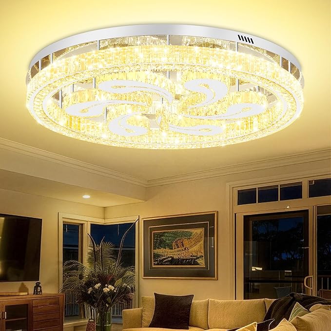 Modern Crystal Chandeliers for Dining Room Flush Mount Ceiling Chandelier for Living Room Dining Room Ring LED Crystal Ceiling Light (Round,40in Silver,Dimmable 2700K-6500K)