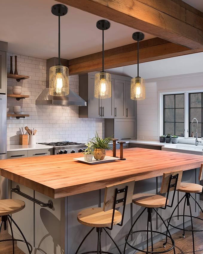 Beionxii Glass Pendant Light | Farmhouse Mini Pendant Lighting for Kitchen Island Dining Room Over The Sink, Oil Rubbed Bronze with Bubble Glass - DMD9002-1H/2PK