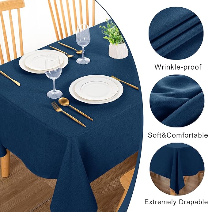 DWCN Rectangle Faux Linen Tablecloth - Waterproof Spill-Proof Wrinkle and Stain Resistant Table Cloth Washable Decorative Farmhouse Table Cover for Kitchen Dining Party, 60 x 120 Inch, Navy Blue