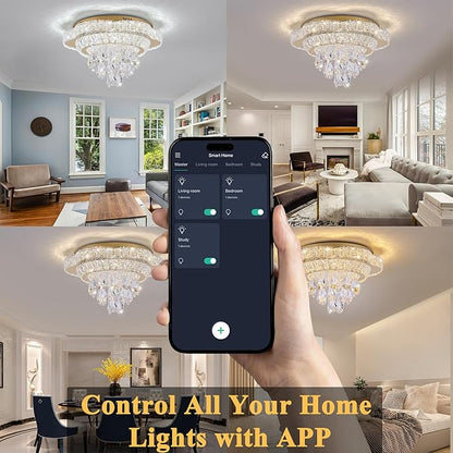 18" Gold Crystal LED Ceiling Light with Remote Control,Flush Mount Chandelier with 3-Color Dimmable for Living Room Bedroom Dining Room Hallway - Modern Flower Design