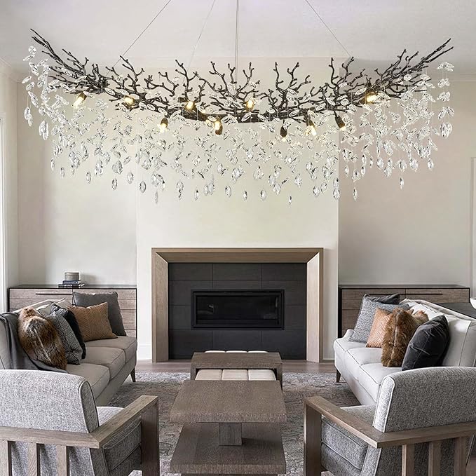 Modern Crystal Black Chandelier,63" Large Rectangular Dining Room Over Table Chandeliers, Tree Branch Crystal Lving Room Chandelier for High Ceiling,Kitchen Island