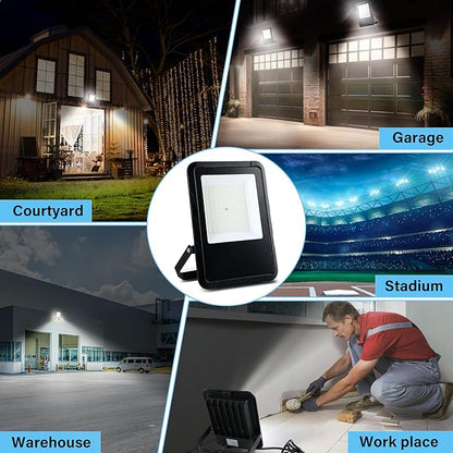 Simple Deluxe 2 Pack LED Flood Lights Outdoor, 100W 10000LM Super Bright Outside Work Light with Plug, IP65 Waterproof, 6500K Floodlight for Garage, Yard, Lawn