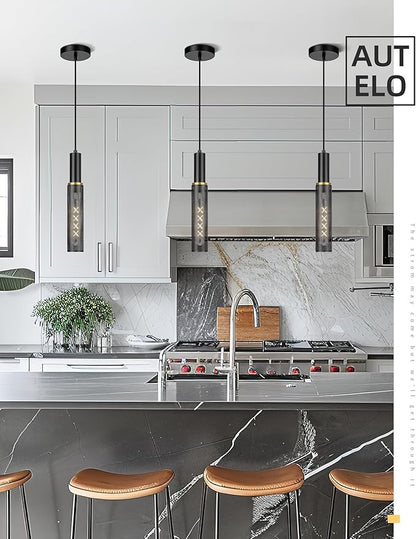 AUTELO Black Pendant Lights Kitchen Island, Farmhouse Mesh Pendant Lights in Black and Gold Finish, 1-Light Hanging Lamp in Metal Frame, Pendant Light Fixture for Kitchen Island Dining Room, H3898 BK