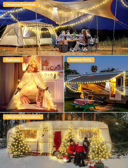 2Pack Camping String Lights, 4 in 1 Quick Storage Camping Essentials Gear 32.8FT Rechargeable Tent Lights with 6 Modes Hanging Waterproof LED Camp Lamp for Camping Hiking Patio Festival- Warm White