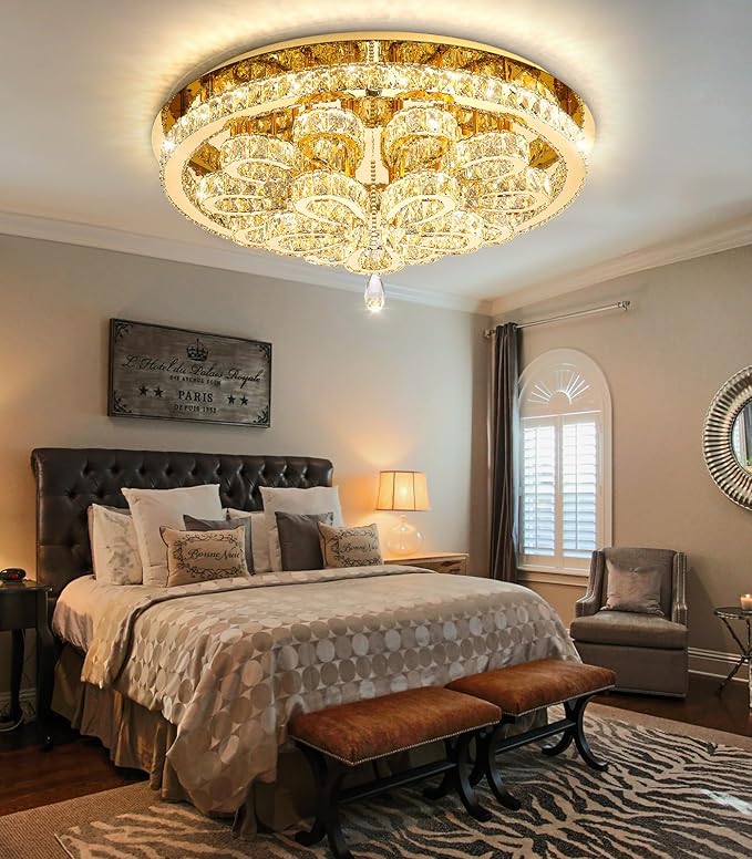 Modern Chandeliers for Living Room Crystal Chandelier Ceiling Light Fixture LED Dimmable with Remote Pendant Lighting Flush Mount Lighting for Dining Room Bedroom Gold