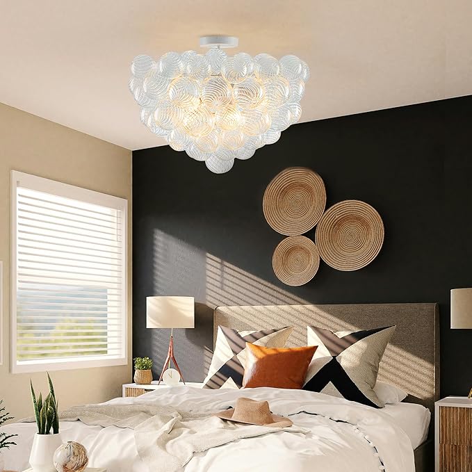 Hand Blown Glass Bubble Ball Chandelier White Finish 24" Semi-Flush Mount Ceiling Lights Art Deco Cluster Ribbed Glass Globe Chandeliers Light Fixture for Dining Living Hall Entry Foyer