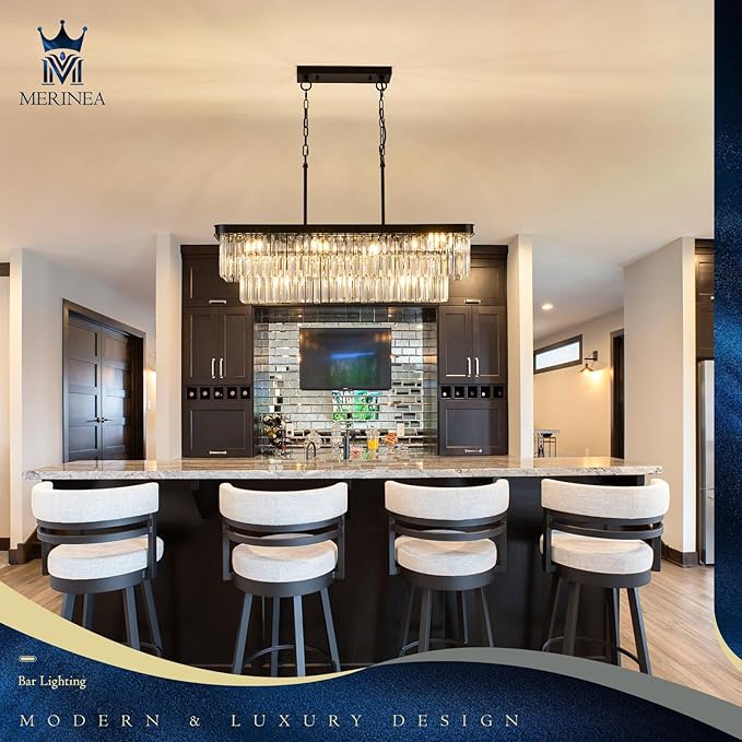 Modern Rectangular Crystal Chandeliers for Dining Room 11 Lights L33.5” Black Rectangle Chandelier Luxury K9 Crystal Ceiling Pendant Light Fixture for Kitchen Island Bar