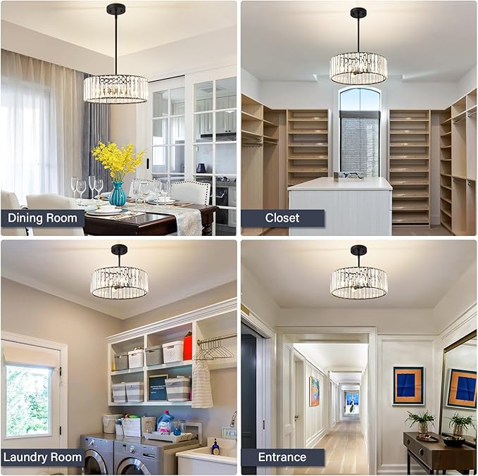 YURNYQ Black Crystal Chandelier for Dining Room, 4-Light Modern Semi Flush Mount Chandelier Lighting Fixtures, Round Kitchen Hanging Drum Pendant Lights Ceiling for Bedroom Entryway Foyer, 15 Inch