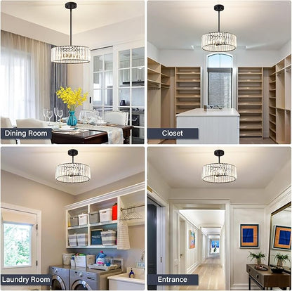 YURNYQ Black Crystal Chandelier for Dining Room, 4-Light Modern Semi Flush Mount Chandelier Lighting Fixtures, Round Kitchen Hanging Drum Pendant Lights Ceiling for Bedroom Entryway Foyer, 15 Inch