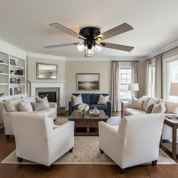 52" Flush Mount Ceiling Fan with Lights and Remote Control,Industrial Farmhouse Ceiling Fan,Reversible Quiet Motor,5 Wood Blades,3 Clear Glass Lights for Bedroom Living Room Kitchen