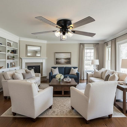 52" Flush Mount Ceiling Fan with Lights and Remote Control,Industrial Farmhouse Ceiling Fan,Reversible Quiet Motor,5 Wood Blades,3 Clear Glass Lights for Bedroom Living Room Kitchen