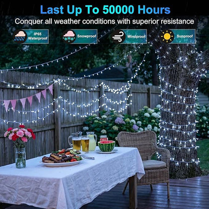 350LED 90FT Christmas Lights Indoor Outdoor, 12 Modes Cool White Outdoor String Lights with Timer & Dimmable, Green Wire Christmas String Lights for Tree Patio Yard Fence Bedroom Wedding Garden Decor