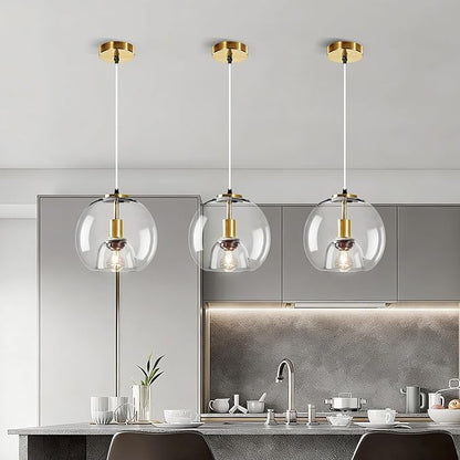 9.1in Large Clear Glass Pendant Light for Kitchen Island – 3-Pack with 3 Extra LED Bulbs & 4.92ft Adjustable Cord | Modern Minimalist Lighting for Dining Room, Living Room, Entryway