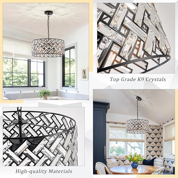 Crystal Ceiling Light Black Modern Chandelier 18" Pendant Light 6-Light Convertible Semi Flush Mount Lighting Drum Semi Flush Mount Hanging Drum Shade for Kitchen Island Dining Room Bedroom Hallway