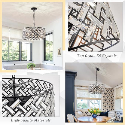 Crystal Ceiling Light Black Modern Chandelier 18" Pendant Light 6-Light Convertible Semi Flush Mount Lighting Drum Semi Flush Mount Hanging Drum Shade for Kitchen Island Dining Room Bedroom Hallway