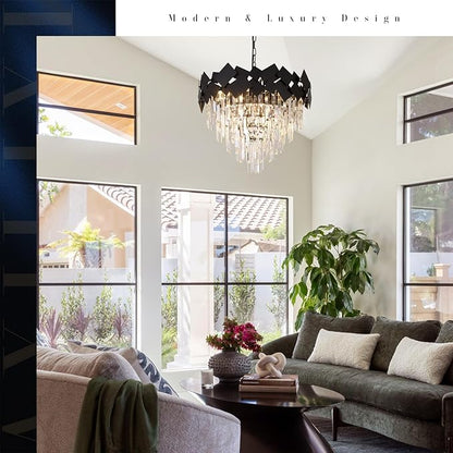 Black Crystal Chandelier Modern Round Chandelier Crystal Ceiling Pendant Light 24'' 5 Tiers Dining Room Chandelier over Table k9 Luxury Hanging Lamp Fixtures for Entryway Foyer Dining Room Bedroom