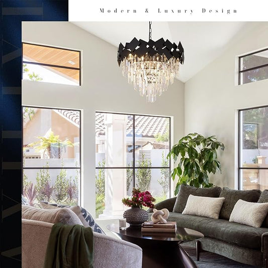 Black Crystal Chandelier Modern Round Chandelier Crystal Ceiling Pendant Light 24'' 5 Tiers Dining Room Chandelier over Table k9 Luxury Hanging Lamp Fixtures for Entryway Foyer Dining Room Bedroom