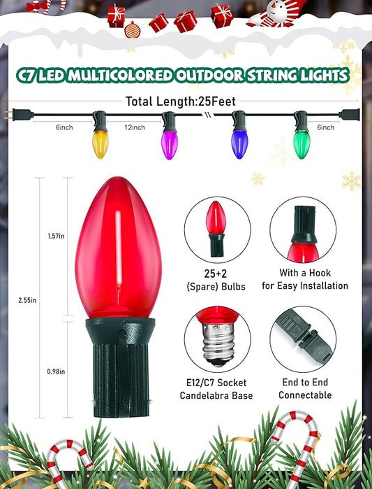 C7 LED Christmas Lights, 25Ft Vintage C7 Christmas Lights with 27 LED Clear Multicolor Bulbs, Hanging Connectable Xmas String Light for Patio Garden Holiday Home Xmas Decor