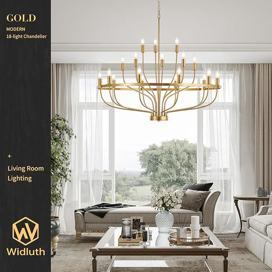 39.4" Modern Gold Chandelier Vintage 18-Lights Mid Century Modern Candle Style Chandeliers Light Fixture Large Rustic Golden Chandelier for Dining Room, Kitchen Island, Living Room, E12