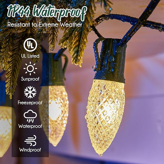 C9 Light Strand, 2 Pack 100 FT Outdoor String Lights Christmas Stringer with 100 Sockets for Christmas Decor Patio, E17 Light Socket, 12 Spacing, Green Wire