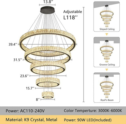 Modern High Ceiling Crystal Chandelier 90W Dimmable LED Chandeliers with Remote Luxury Height Adjustable Large Lighting Fixtures for Living Room Staircase Foyer Black