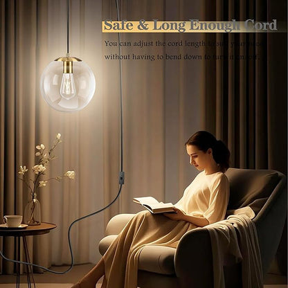 KoKo&Yukina 10" Globe Pendant Light Gold Plug in Pendant Light Adjustable Hanging Lights with Plug in Cord Brushed Gold Finished with Clear Glass Lampshade for Bedroom Kitchen Island（Bulb Included）