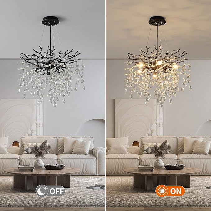EGM Black Tree Branch Crystal Chandelier, 18 Inch Modern Dining Room Crystal Chandelier 6-Light(E12), Hanging Round Chandeliers for Living Room Bedroom Foyer