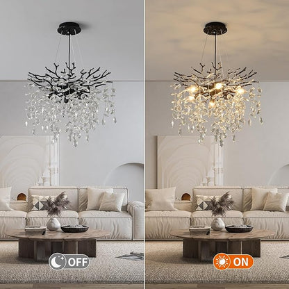 EGM Black Tree Branch Crystal Chandelier, 18 Inch Modern Dining Room Crystal Chandelier 6-Light(E12), Hanging Round Chandeliers for Living Room Bedroom Foyer
