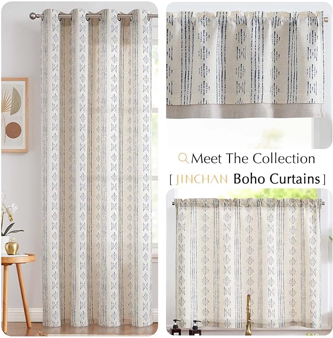 jinchan Boho Kitchen Curtain Linen Tier Curtain Bohemian Cafe 24 Inch Geometric Striped Small Window Drape Light Filtering Farmhouse Country Rustic for Bathroom RV 1 Panel Blue on Beige