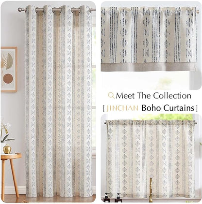 jinchan Boho Kitchen Curtain Linen Tier Curtain Bohemian Cafe 24 Inch Geometric Striped Small Window Drape Light Filtering Farmhouse Country Rustic for Bathroom RV 1 Panel Blue on Beige