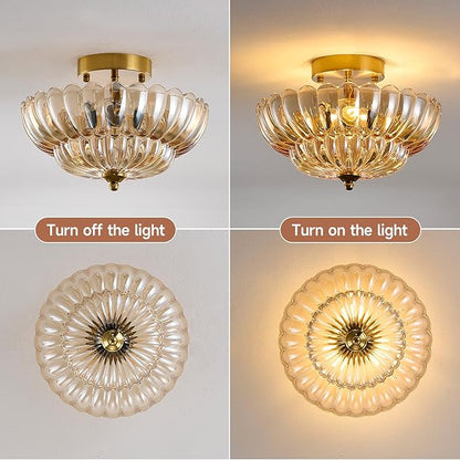 Semi Flush Mount Ceiling Light Fixture, 12" Vintage Gold Ceiling Light with Amber Glass Shade, 3-Light Close to Ceiling Light for Hallway Entryway Bedroom Kitchen, Mid Century Modern