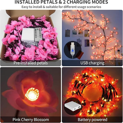 FNHMSL Cherry Enchanted Willow Vine Lights, 4FT 48LED 1PCS Pink Cherry Blossom Tree Branch Lights for Wall, Remote Timer,8 Light Model,Bedroom Wall Doors Wedding, Christmas, USB Battery Box