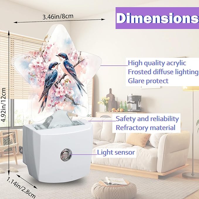Spring Birds Night Lights Plug Into Wall,Pink Flowers Dusk to Dawn Light Sensor Night Light for Kids, Energy Efficient Sleep Friendly Lamp for Bedroom Bathroom Nursery